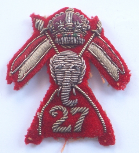 27th Lancers Officer's WW2 war raised cloth cap badge