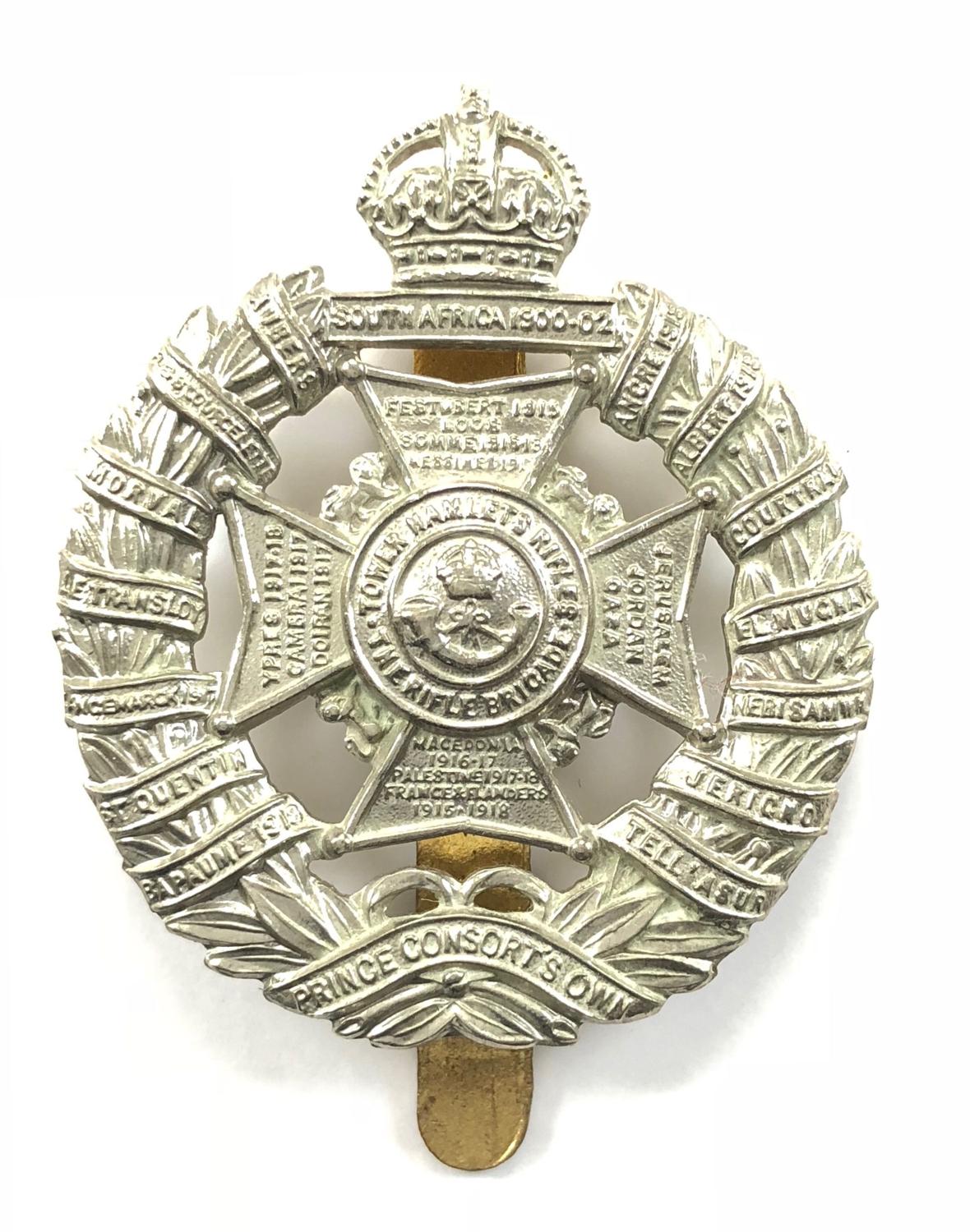 Tower Hamlets Rifles post 1926 white metal cap badge