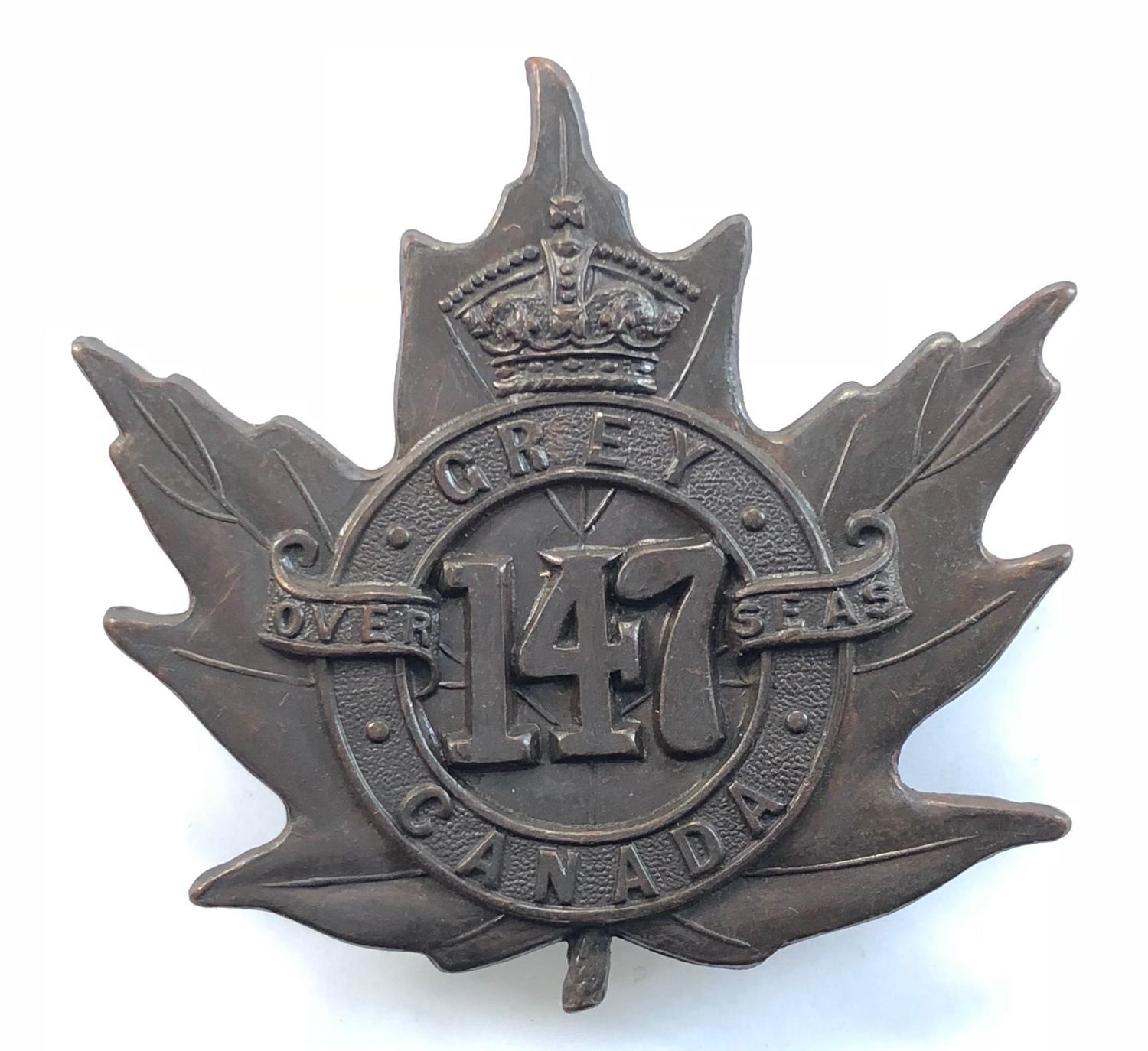 Canadian 147th (Grey) Bn. WW1 CEF bronze cap badge.