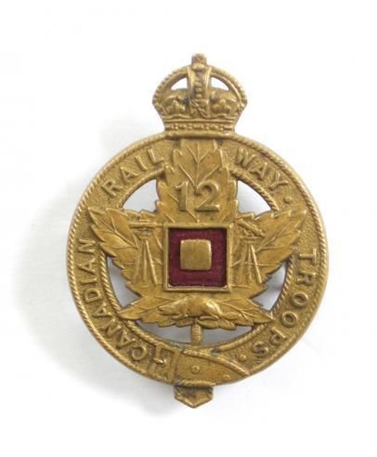 Canadian 12th Railway Troops CEF bronze cap badge by JR Gaunt, London.