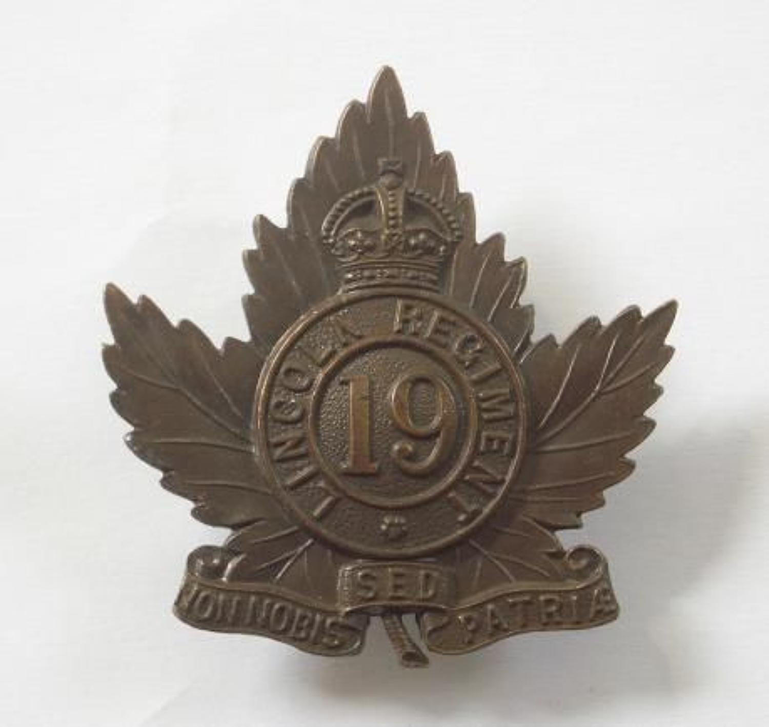 Canadian 19th Lincoln Regiment cap badge  by JR Gaunt & Son, London.