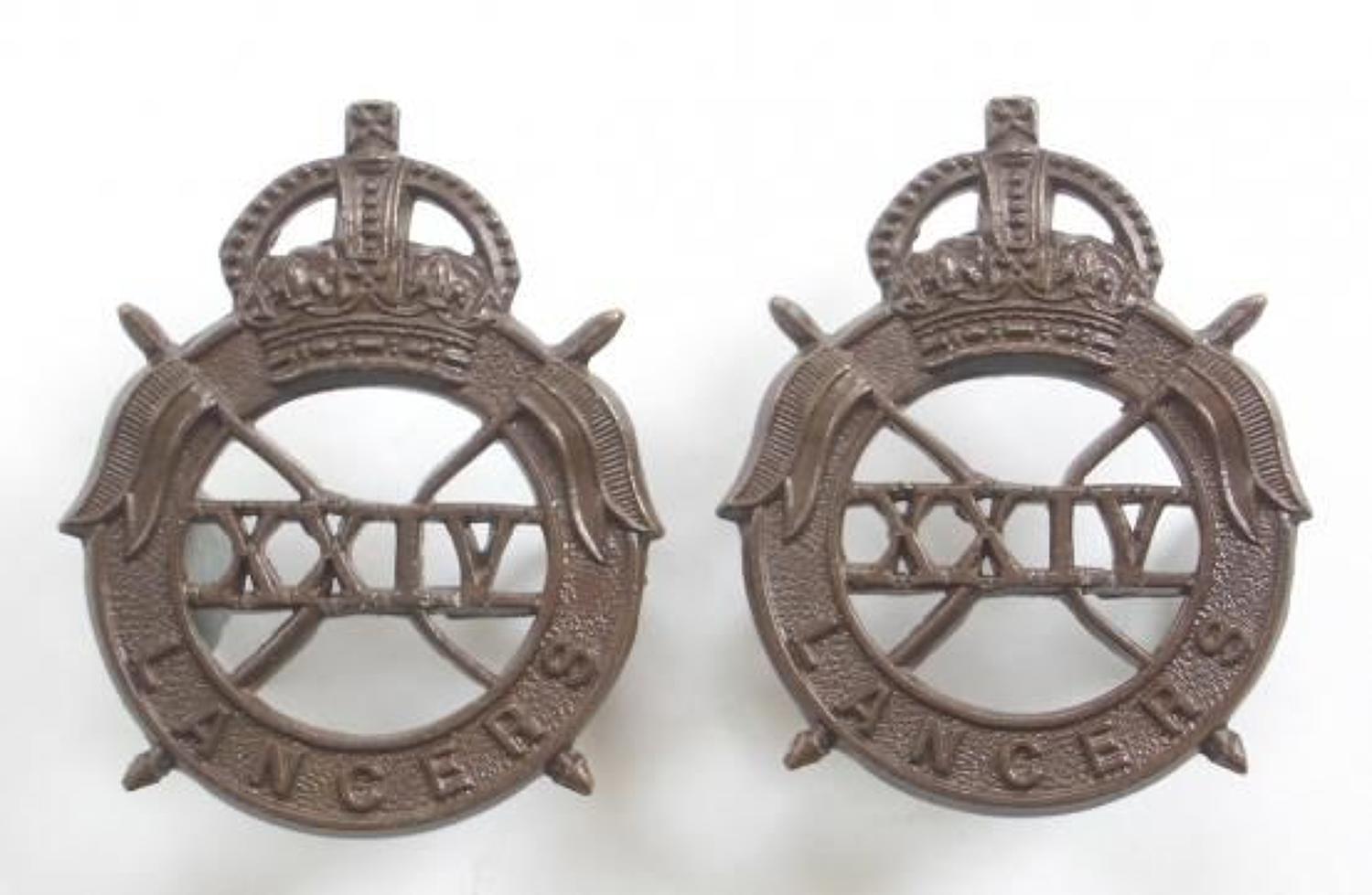 24th Lancers scarce WW2 pair of OSD bronze collar badges.