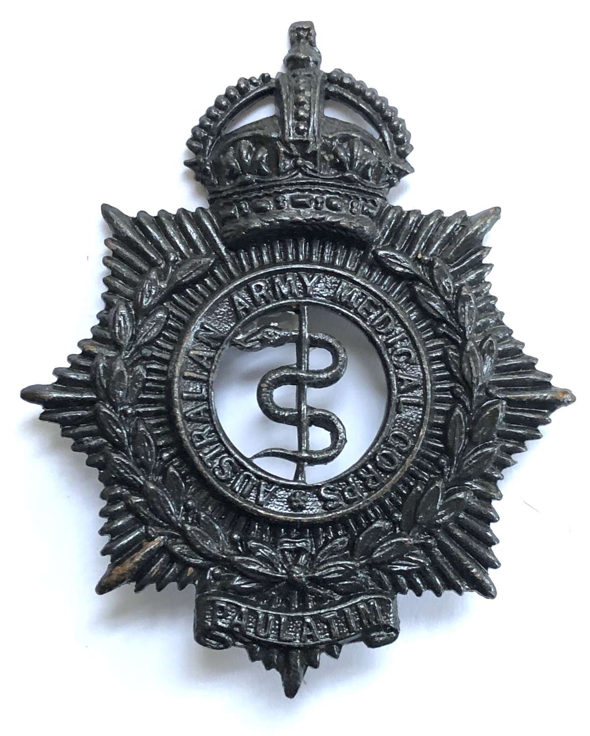 Australian Army Medical Corps blackened brass slouch hat badge