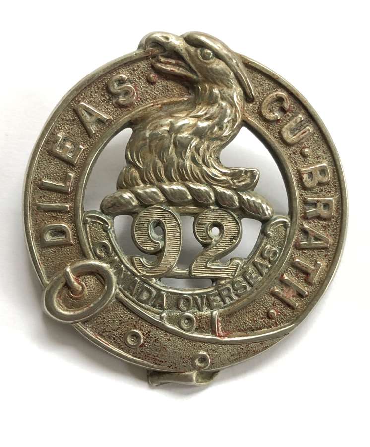 Canadian 92nd (48th Toronto Highlanders) Bn. CEF WW1 glengarry badge
