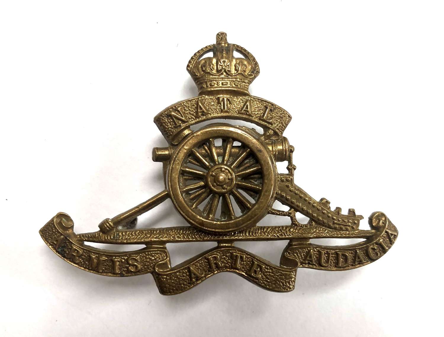 South African Natal Field Artillery brass slouch hat badge