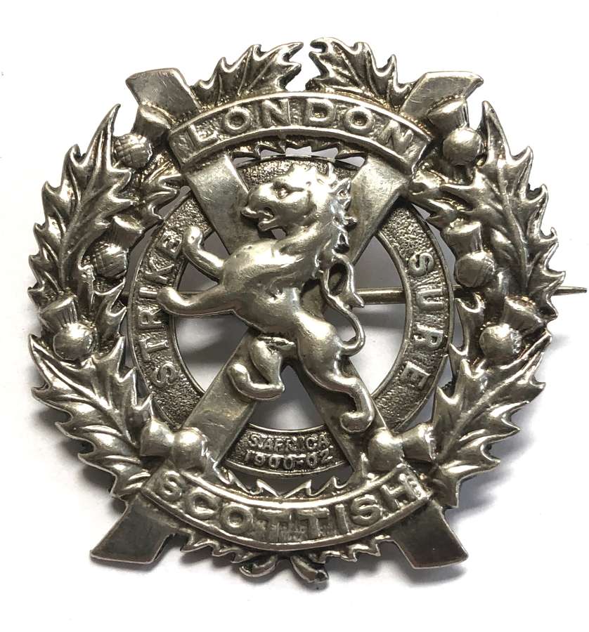 London Scottish Officer’s 1938 HM silver glengarry badge.