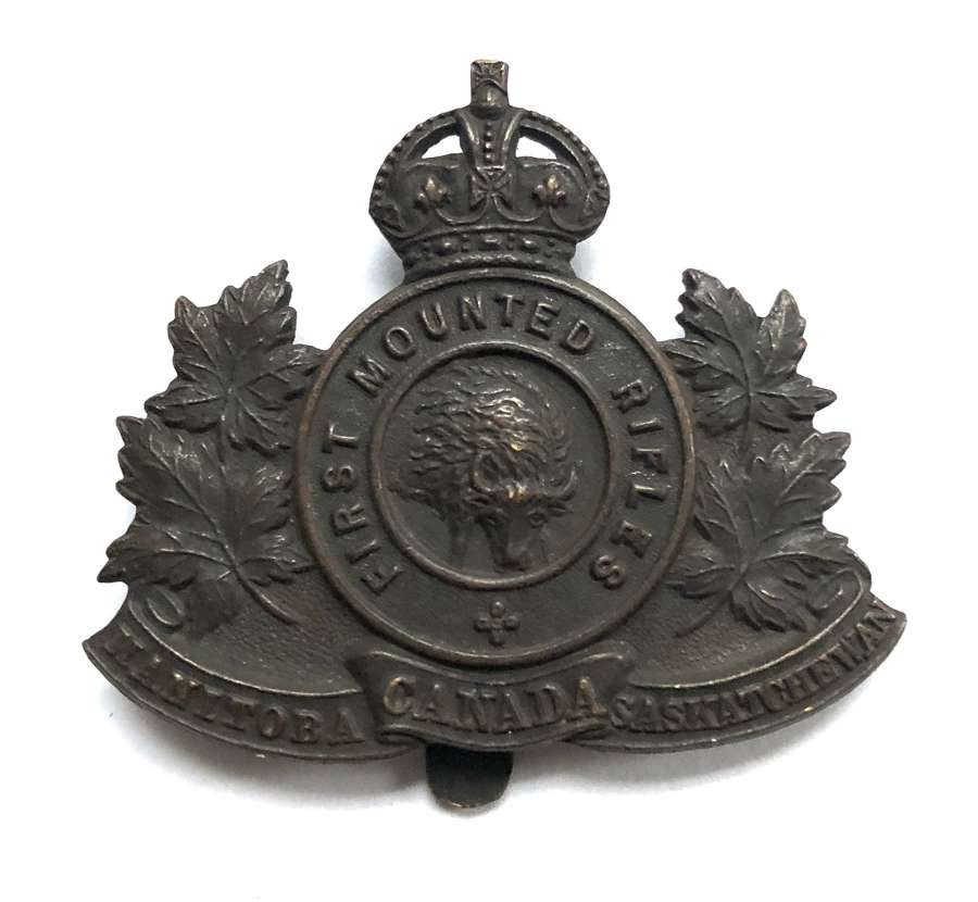 Canadian First Mounted Rifles CEF WW1 bronzed cap badge