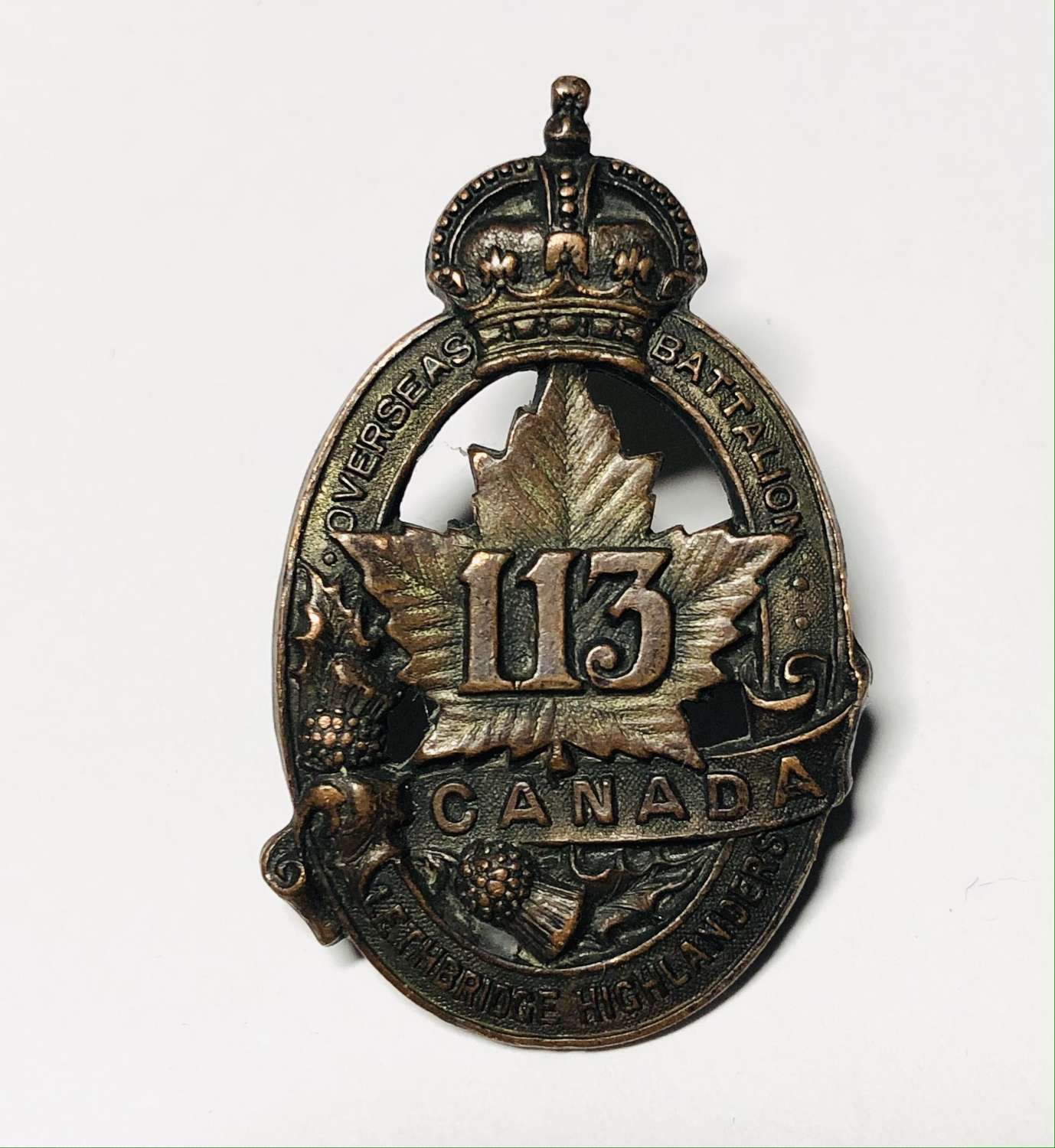 Canada 113th Bn (Lethbridge Highlanders) CEF WW1 cap badge by Black