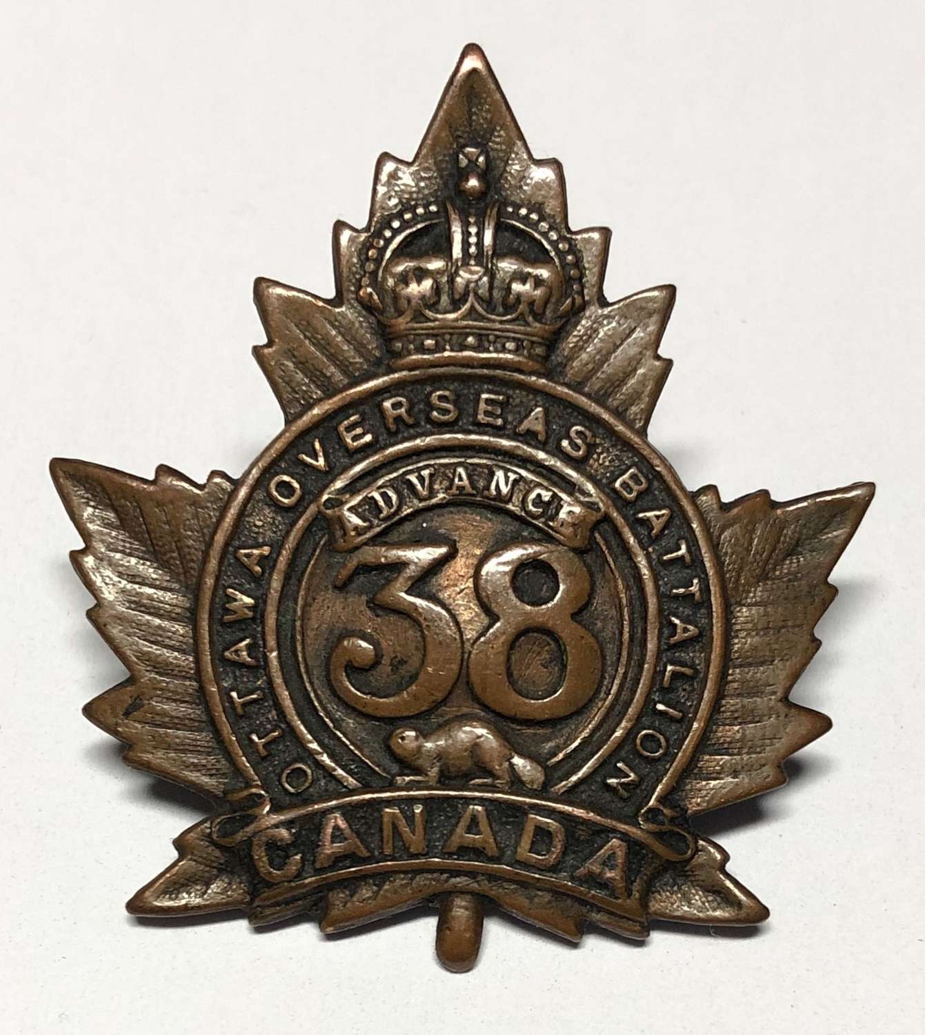 Canadian 38th Battalion (Ottawa) CEF WW1 cap badge by Inglis