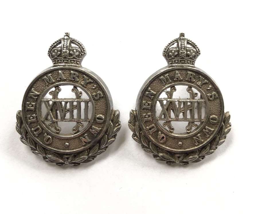 18th Queen Mary's Own Hussars 1916 HM silver pair of collar badges