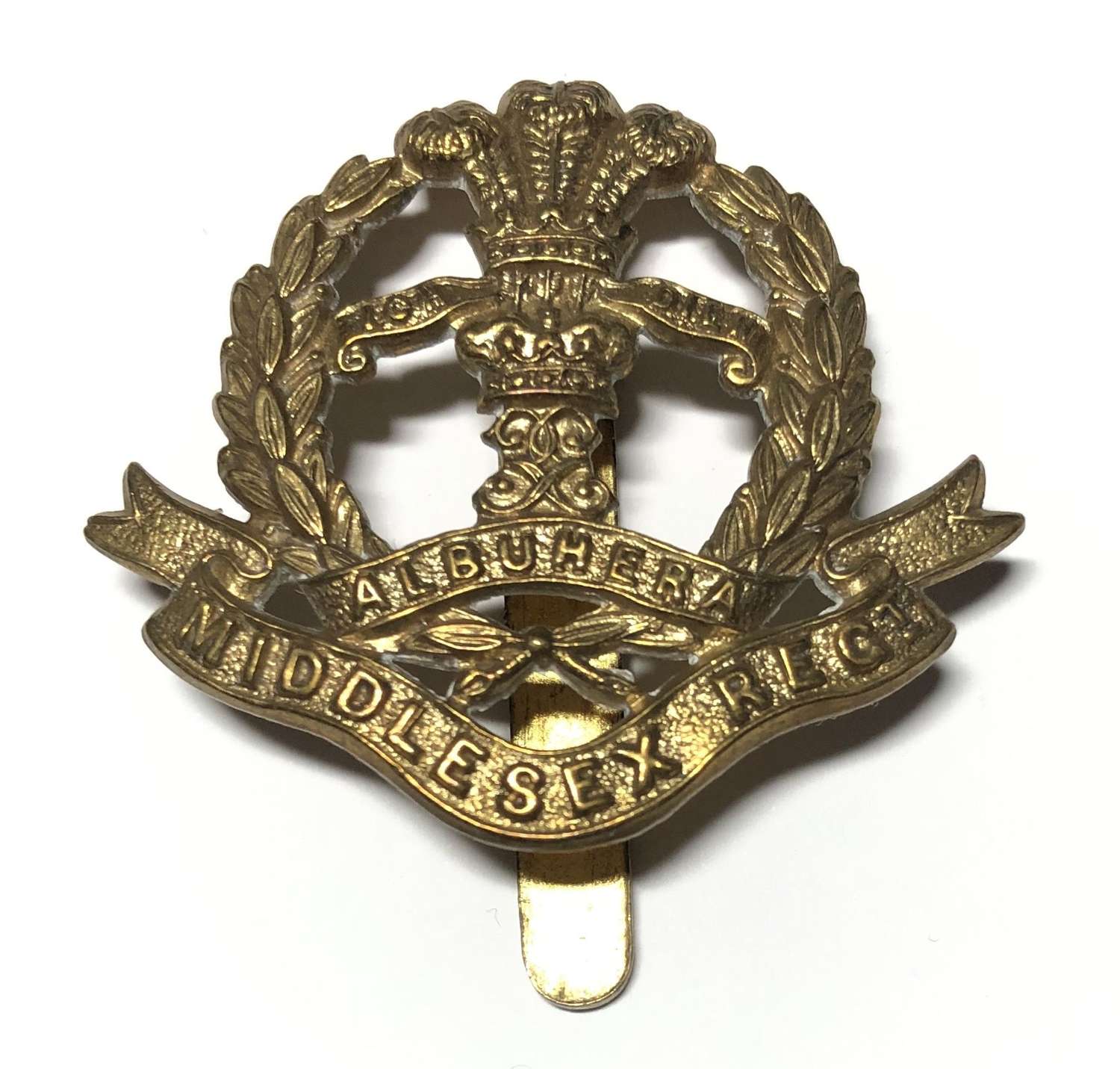 Middlesex Regiment all brass economy WW1 cap badge c1916-18