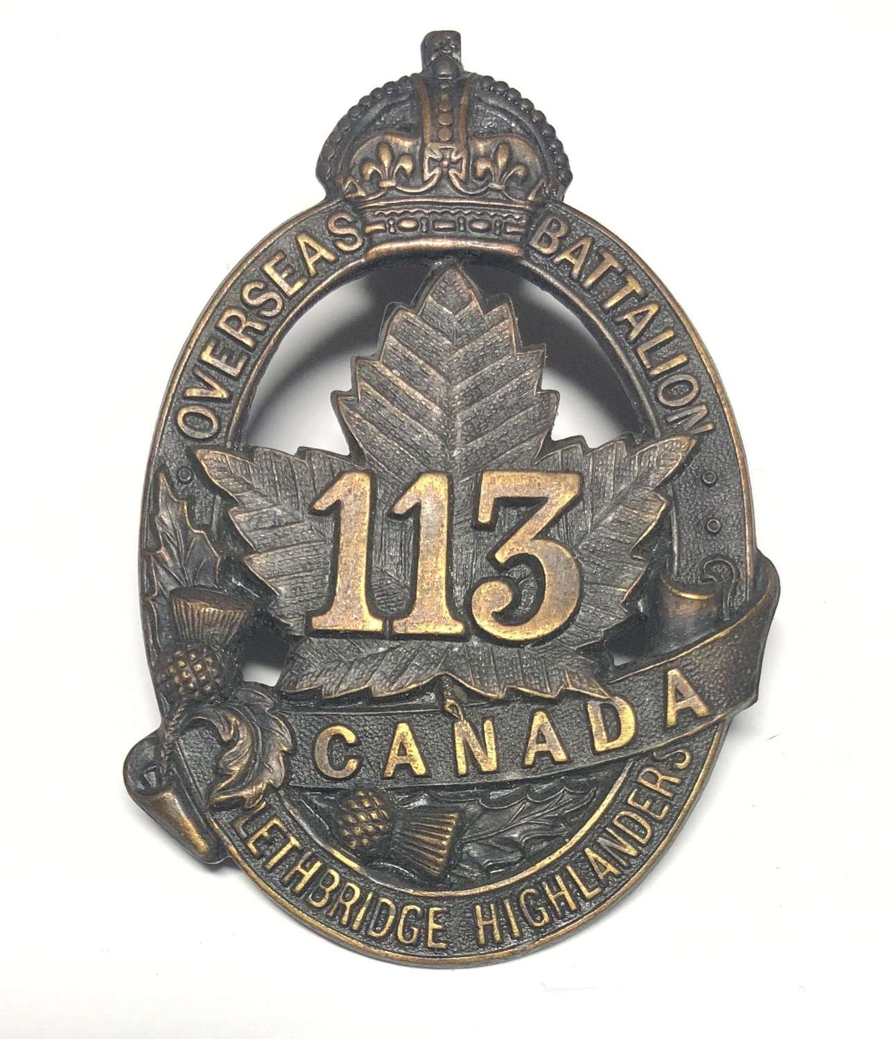Canadian 113rd (Lethbridge Highlanders Bn.) CEF WW1 57MM bonnet badge